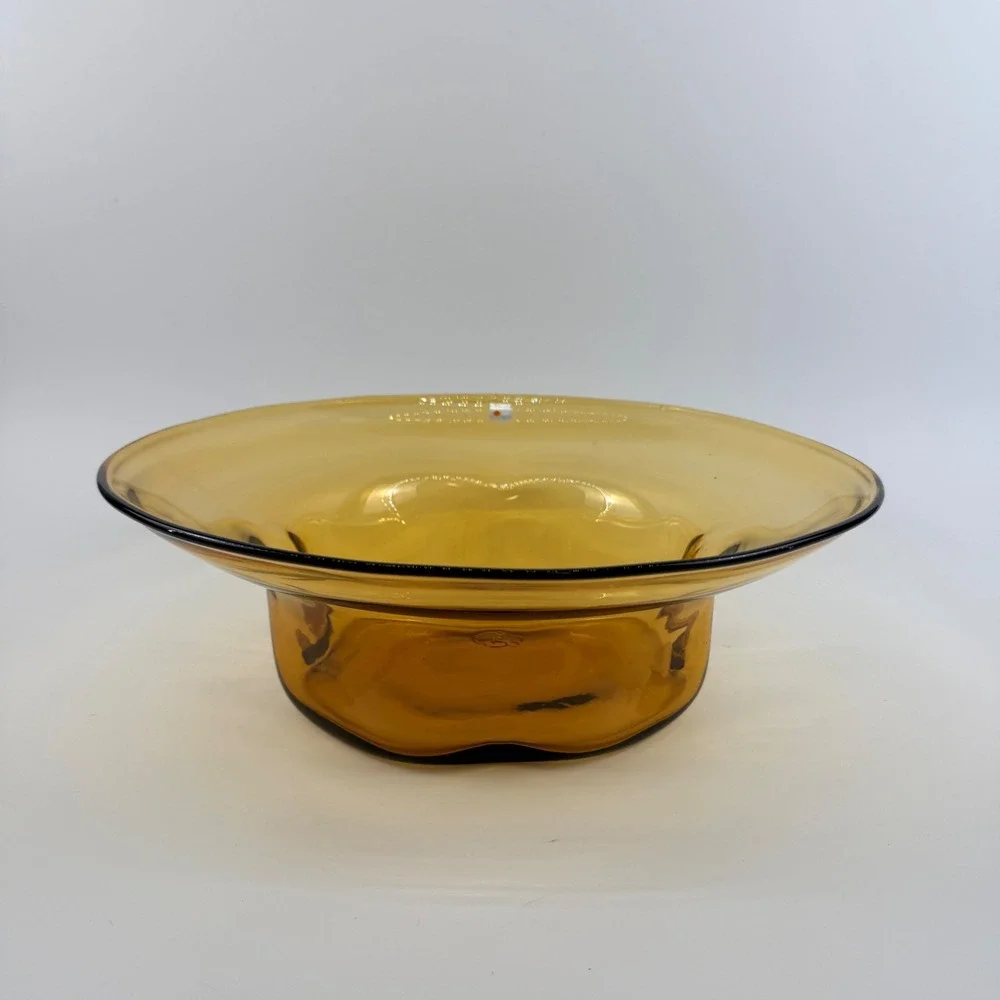 Blenko 8512 Amber Hand Blown Art Glass Pedestal Centerpiece Bowl
